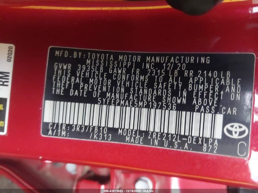 2021 Toyota Corolla Le VIN: 5YFEPMAE5MP197536 Lot: 43973882