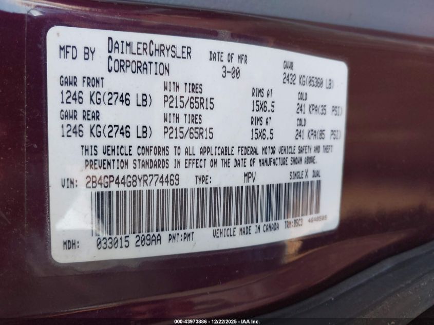 2000 Dodge Grand Caravan Se VIN: 2B4GP44G8YR774469 Lot: 43973886