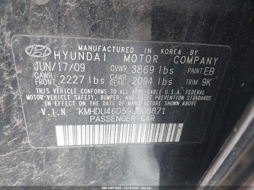 2009 Hyundai Elantra Gls VIN: KMHDU46D59U808871 Lot: 43973889