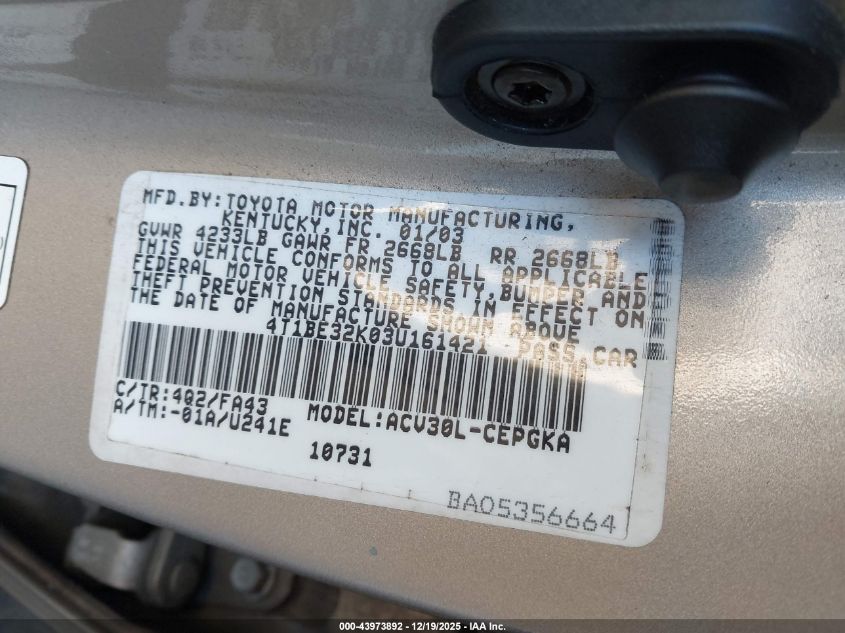 2003 Toyota Camry Xle VIN: 4T1BE32K03U161421 Lot: 43973892