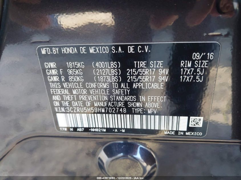 2017 Honda Hr-V Ex VIN: 3CZRU5H59HM702748 Lot: 43973893