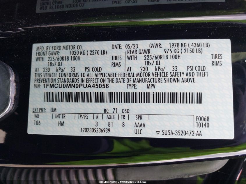 2023 Ford Escape St-Line VIN: 1FMCU0MN0PUA45056 Lot: 43973895