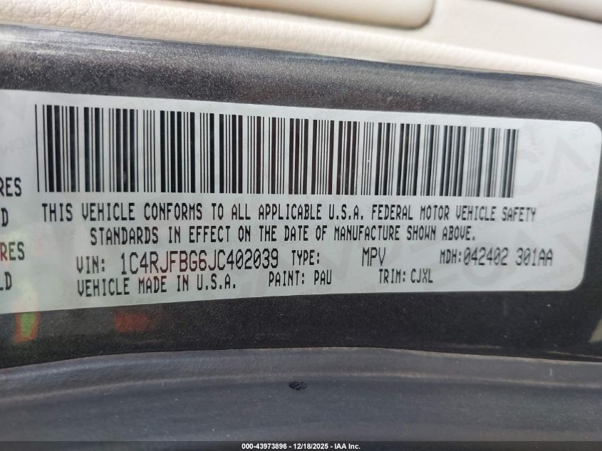 2018 Jeep Grand Cherokee Limited 4X4 VIN: 1C4RJFBG6JC402039 Lot: 43973896