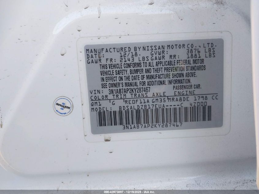 2019 Nissan Sentra Sv VIN: 3N1AB7AP2KY287467 Lot: 43973897