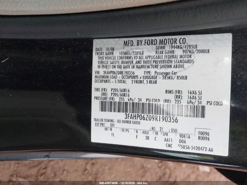 2009 Ford Fusion S VIN: 3FAHP06Z09R190356 Lot: 43973898
