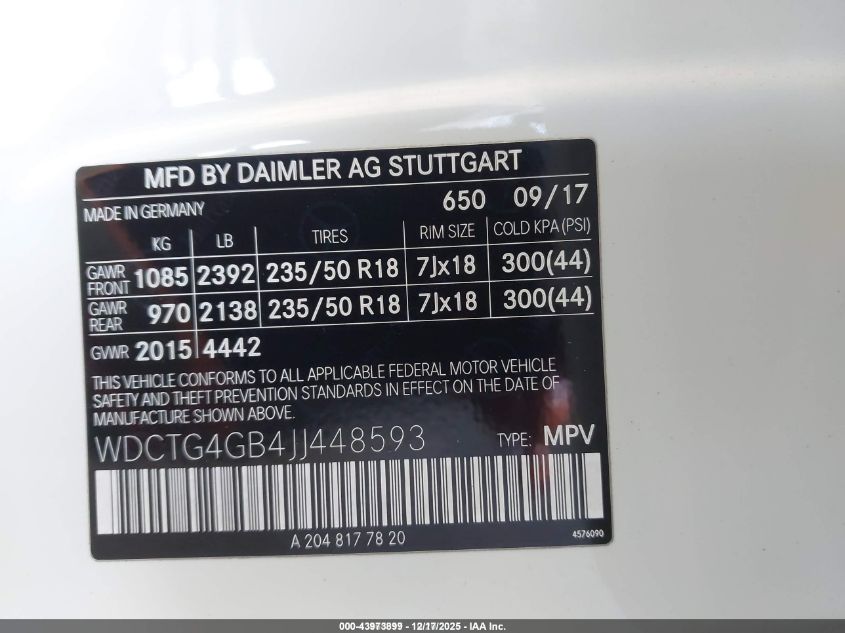 2018 Mercedes-Benz Gla 250 4Matic VIN: WDCTG4GB4JJ448593 Lot: 43973899