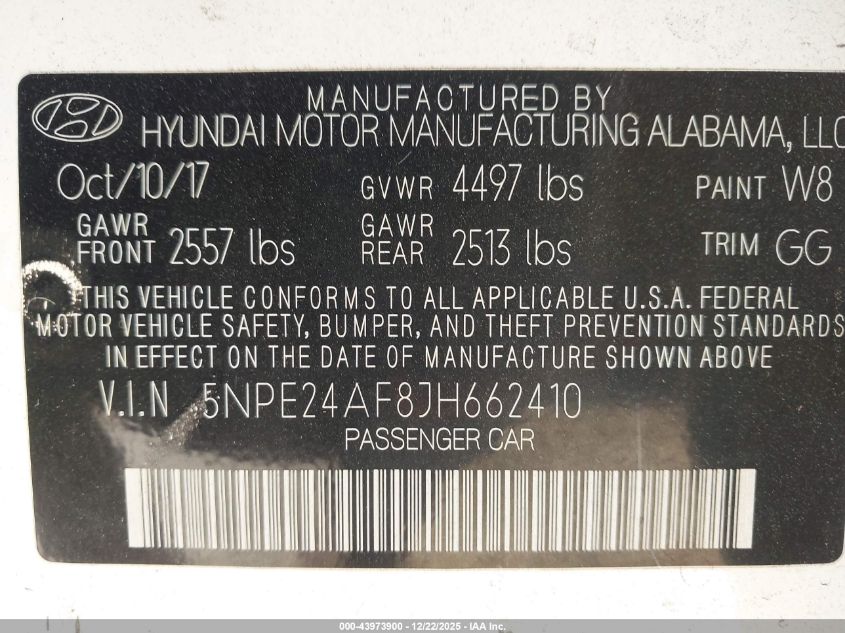 2018 Hyundai Sonata Se VIN: 5NPE24AF8JH662410 Lot: 43973900