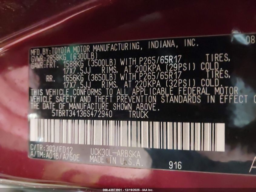 2006 Toyota Tundra Sr5 V8 VIN: 5TBRT34136S472940 Lot: 43973901