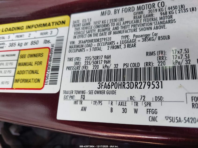 2013 Ford Fusion Se VIN: 3FA6P0HR3DR279531 Lot: 43973904