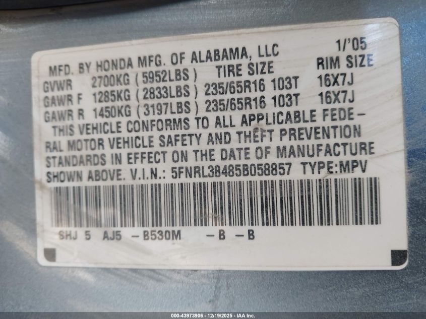 2005 Honda Odyssey Ex VIN: 5FNRL38485B058857 Lot: 43973906