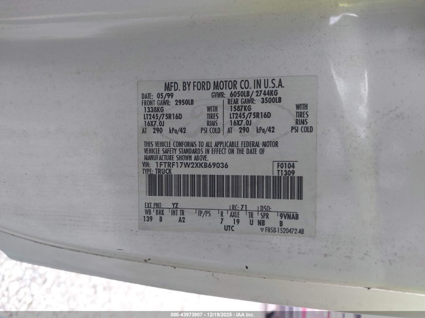 1999 Ford F-150 Lariat/Work Series/Xl/Xlt VIN: 1FTRF17W2XKB69036 Lot: 43973907