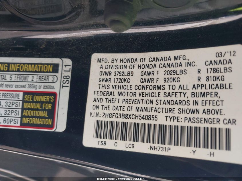 2012 Honda Civic Ex VIN: 2HGFG3B8XCH540855 Lot: 43973908