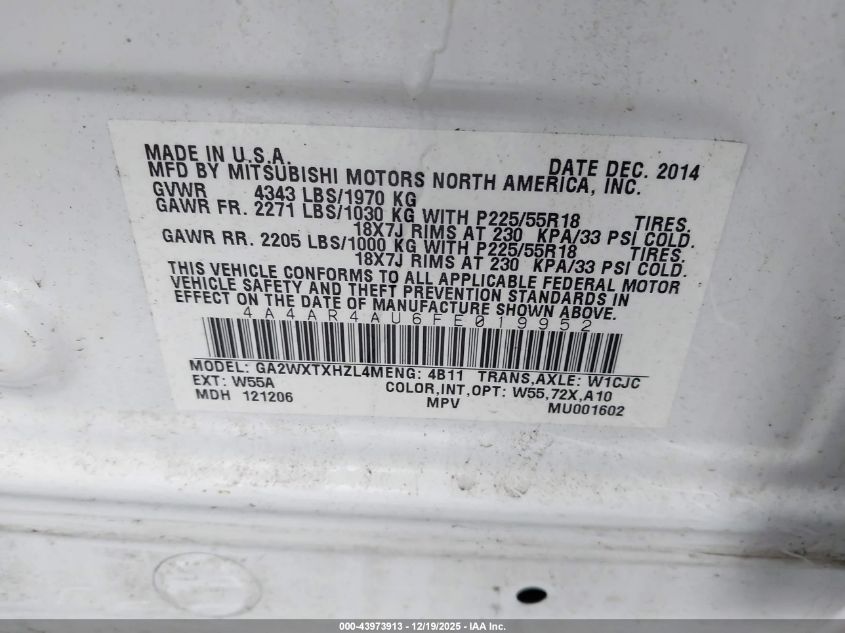 2015 Mitsubishi Outlander Sport Se VIN: 4A4AR4AU6FE019952 Lot: 43973913