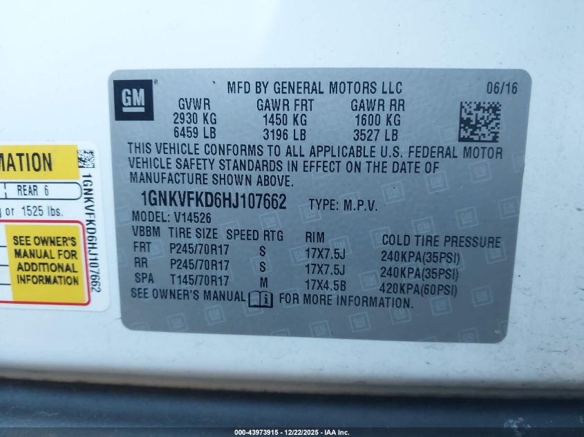 2017 Chevrolet Traverse Ls VIN: 1GNKVFKD6HJ107662 Lot: 43973915