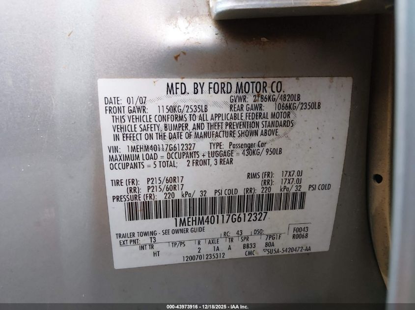 2007 Mercury Montego Luxury VIN: 1MEHM40117G612327 Lot: 43973916