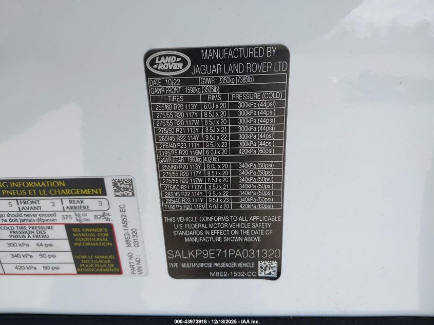 2023 Land Rover Range Rover P530 Se VIN: SALKP9E71PA031320 Lot: 43973918