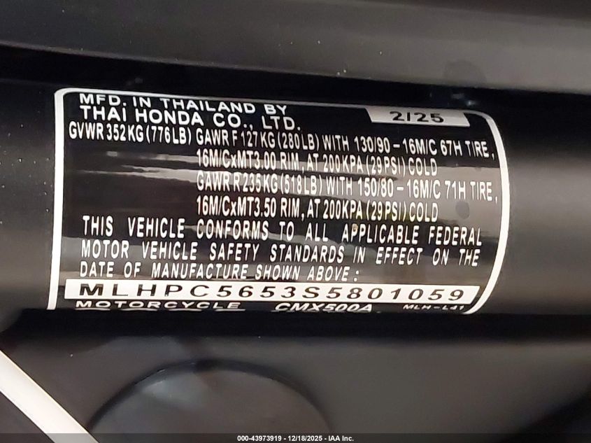 2025 Honda Cmx500 A VIN: MLHPC5653S5801059 Lot: 43973919