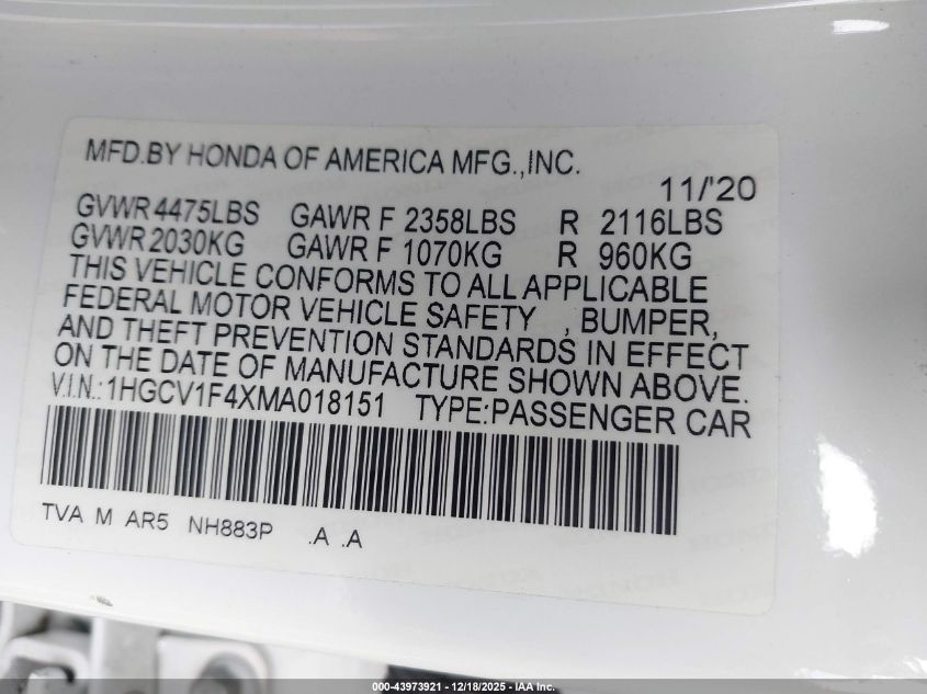 2021 Honda Accord Sport Special Edition VIN: 1HGCV1F4XMA018151 Lot: 43973921