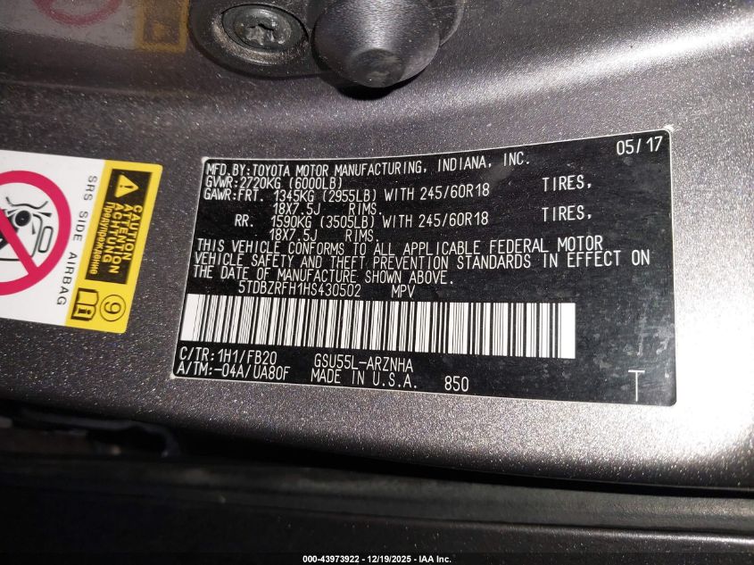 2017 Toyota Highlander Le VIN: 5TDBZRFH1HS430502 Lot: 43973922