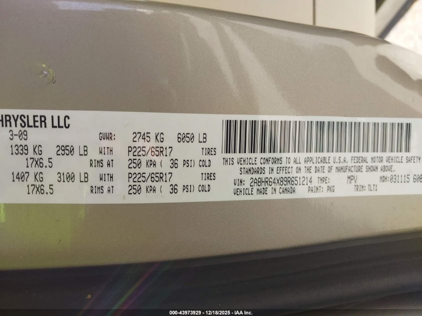 2009 Chrysler Town & Country Limited VIN: 2A8HR64X89R651214 Lot: 43973929