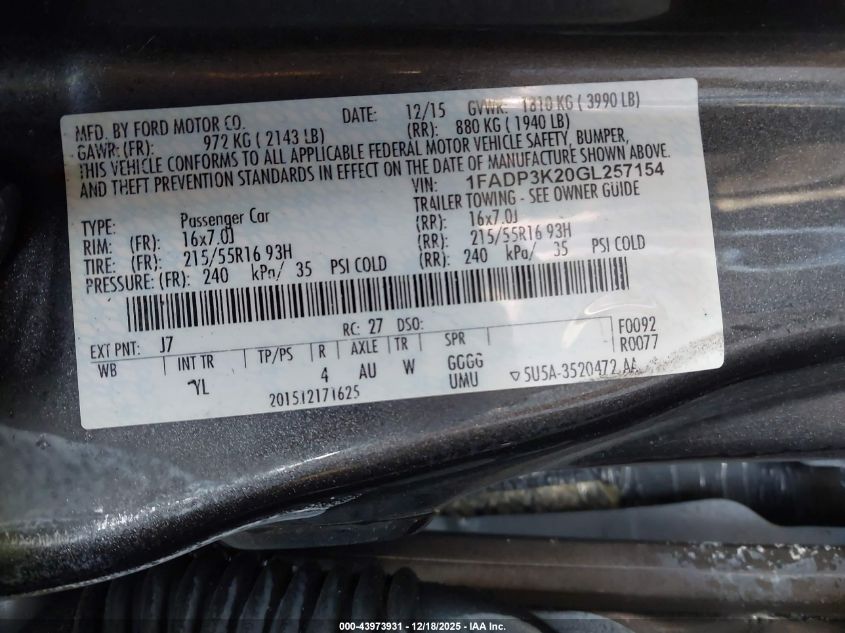 2016 Ford Focus Se VIN: 1FADP3K20GL257154 Lot: 43973931