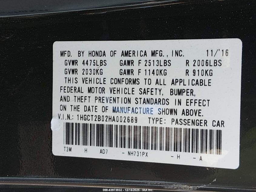 2017 Honda Accord Touring V6 VIN: 1HGCT2B02HA002689 Lot: 43973932
