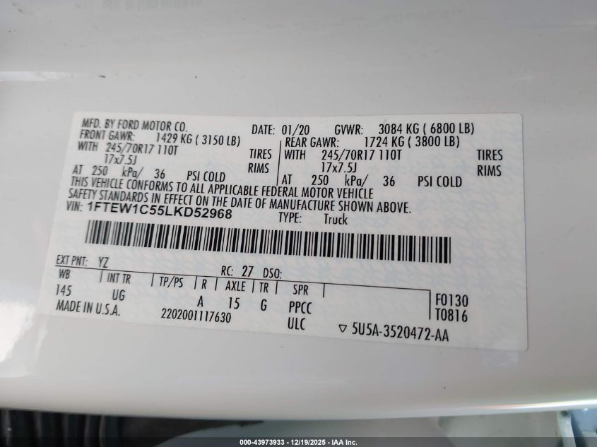 2020 Ford F-150 Xlt VIN: 1FTEW1C55LKD52968 Lot: 43973933