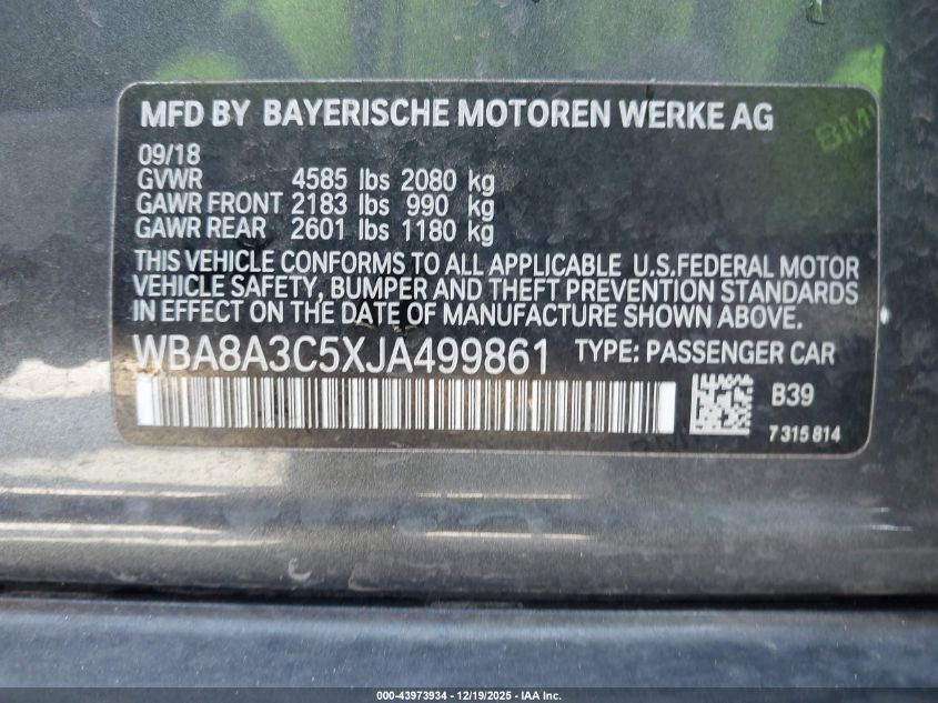 2018 BMW 320I xDrive VIN: WBA8A3C5XJA499861 Lot: 43973934