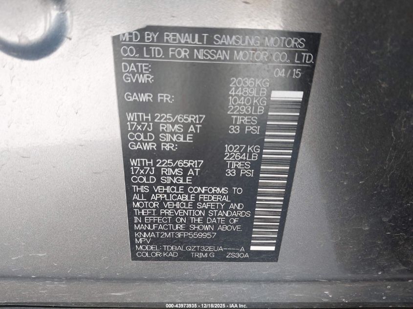 2015 Nissan Rogue Sv VIN: KNMAT2MT3FP559957 Lot: 43973935