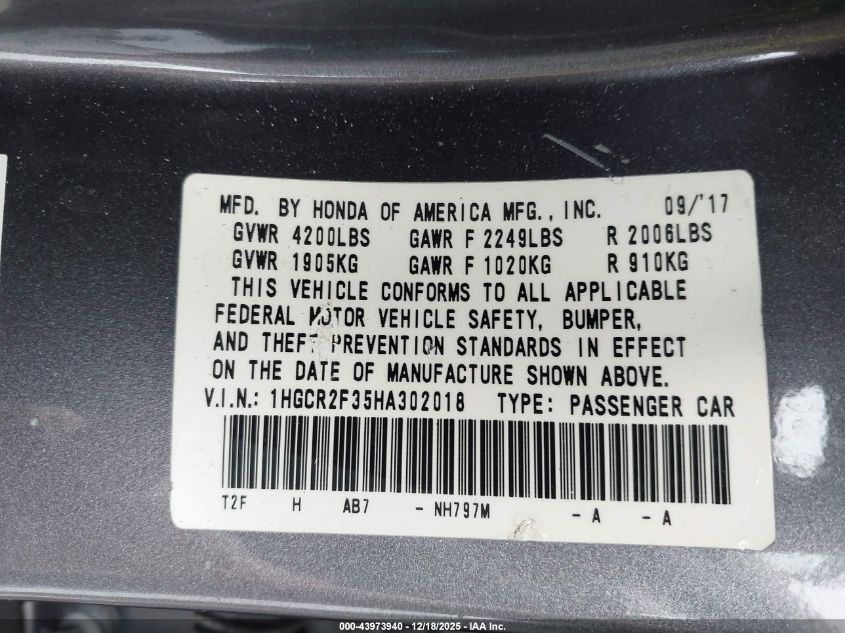 2017 Honda Accord Lx VIN: 1HGCR2F35HA302018 Lot: 44004389