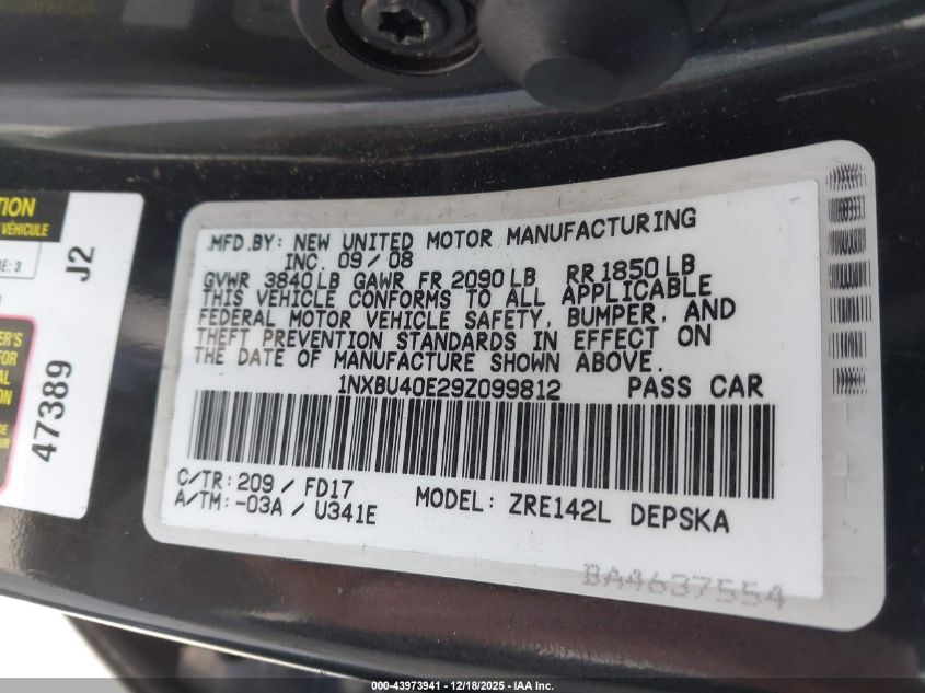 2009 Toyota Corolla S VIN: 1NXBU40E29Z099812 Lot: 43973941