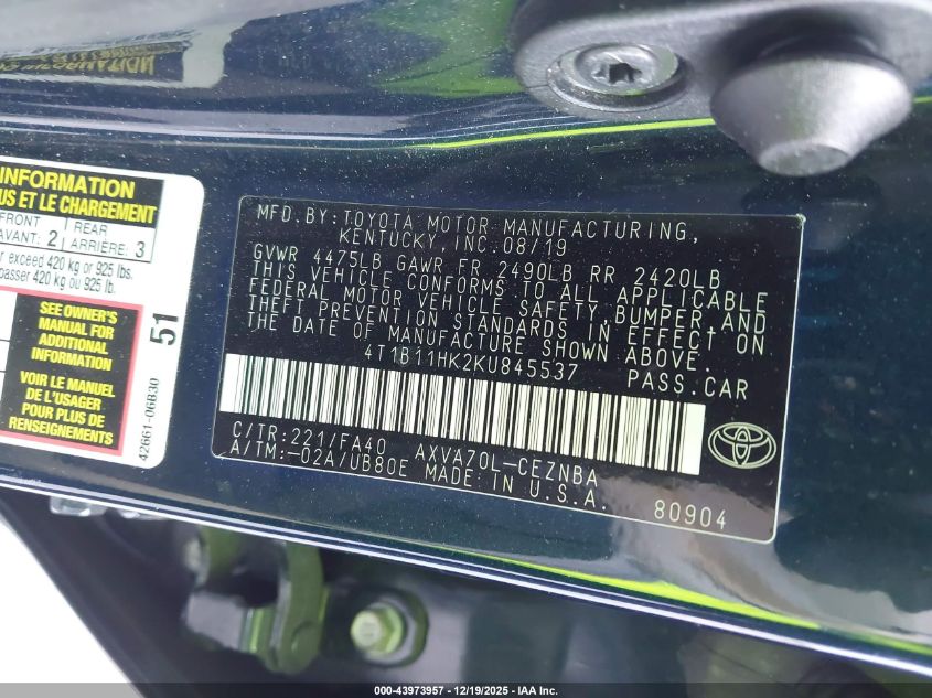 2019 Toyota Camry Le VIN: 4T1B11HK2KU845537 Lot: 43973957