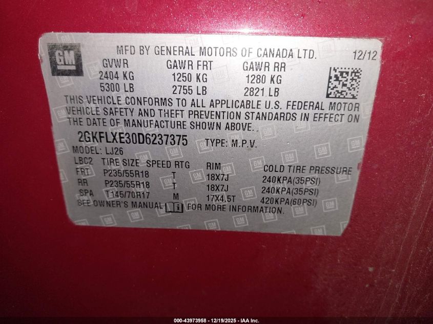 2013 GMC Terrain Slt-2 VIN: 2GKFLXE30D6237375 Lot: 43973958