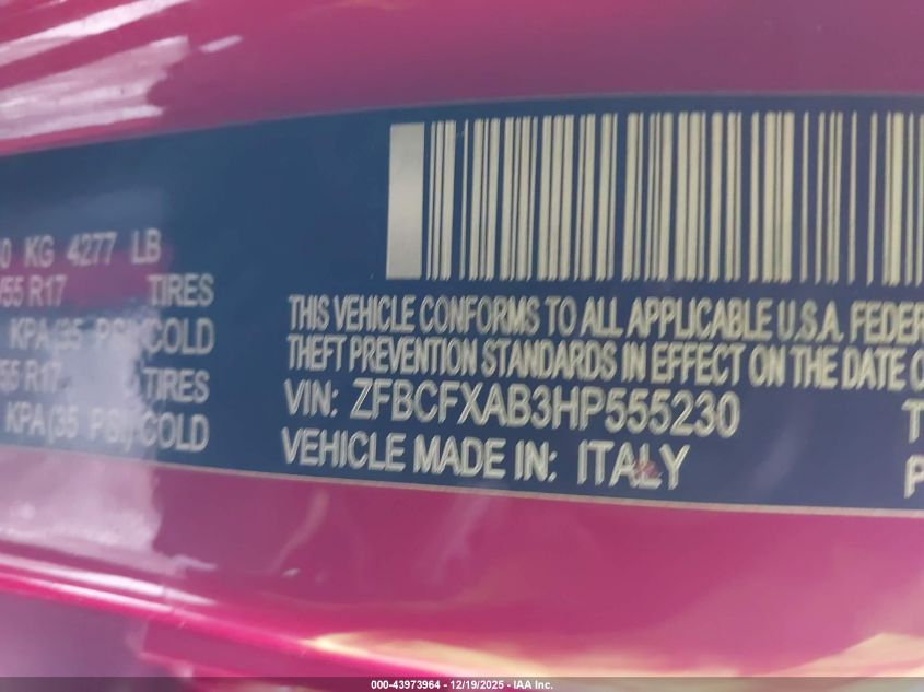 2017 Fiat 500X Pop Fwd VIN: ZFBCFXAB3HP555230 Lot: 43973964