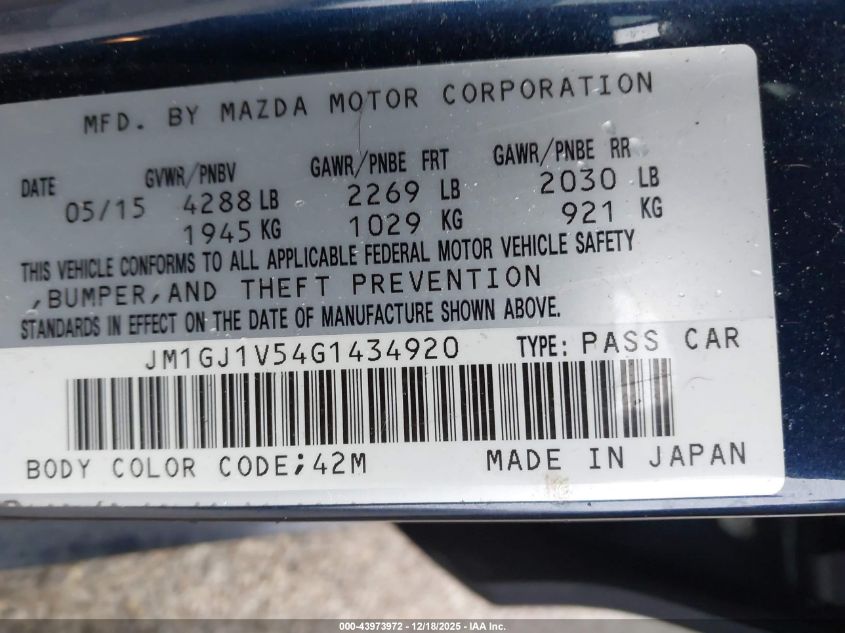 2016 Mazda Mazda6 I Touring VIN: JM1GJ1V54G1434920 Lot: 43973972