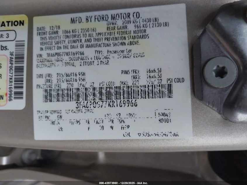 2019 Ford Fusion S VIN: 3FA6P0G77KR169966 Lot: 43973980