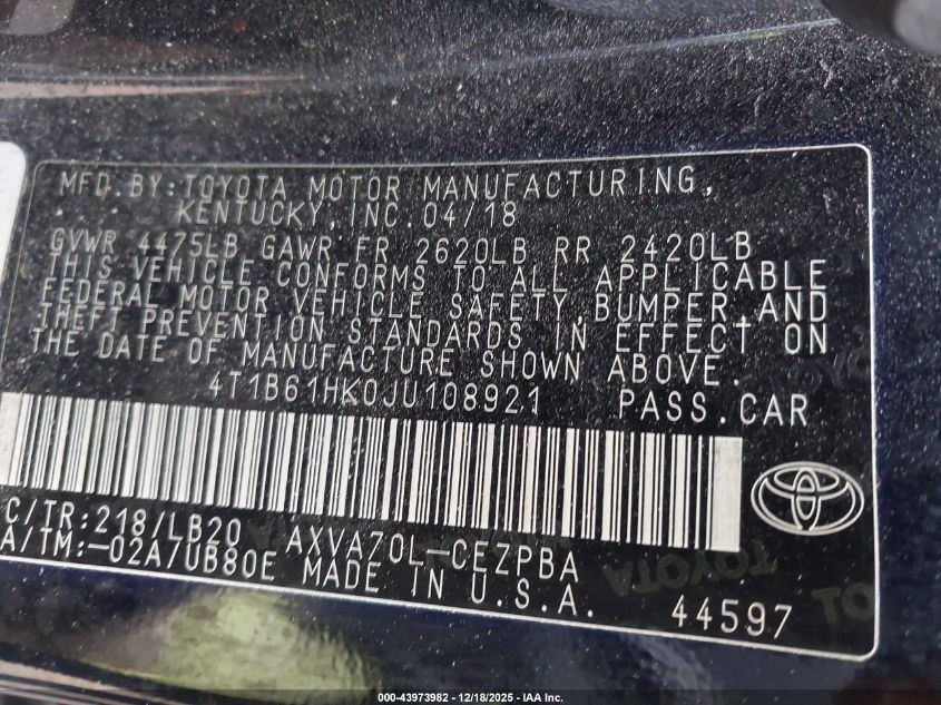 2018 Toyota Camry Xse VIN: 4T1B61HK0JU108921 Lot: 43973982