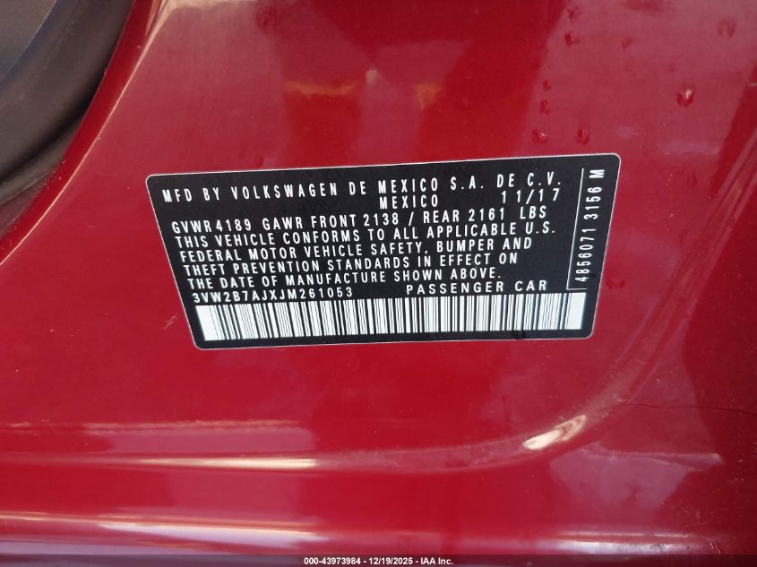 2018 Volkswagen Jetta 1.4T S VIN: 3VW2B7AJXJM261053 Lot: 43973984