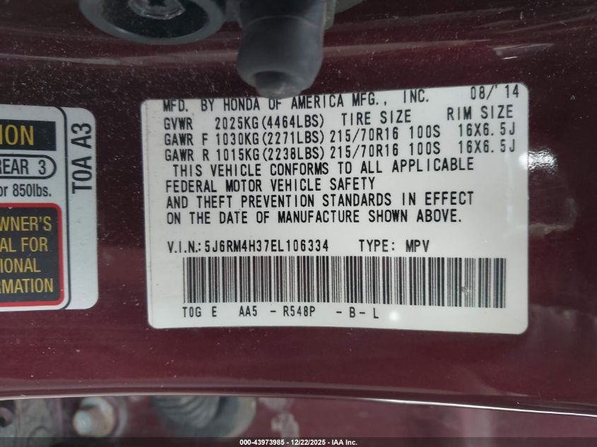 2014 Honda Cr-V Lx VIN: 5J6RM4H37EL106334 Lot: 43973985