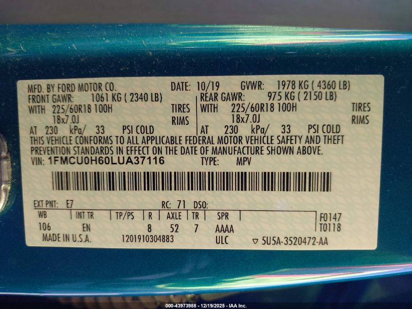 2020 Ford Escape Sel VIN: 1FMCU0H60LUA37116 Lot: 43973988