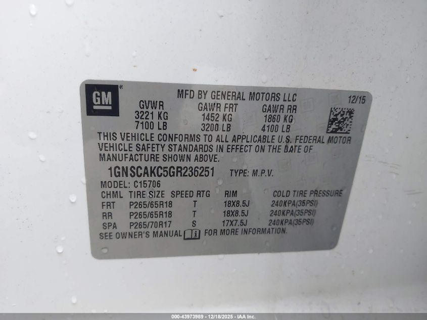 2016 Chevrolet Tahoe Ls VIN: 1GNSCAKC5GR236251 Lot: 43973989