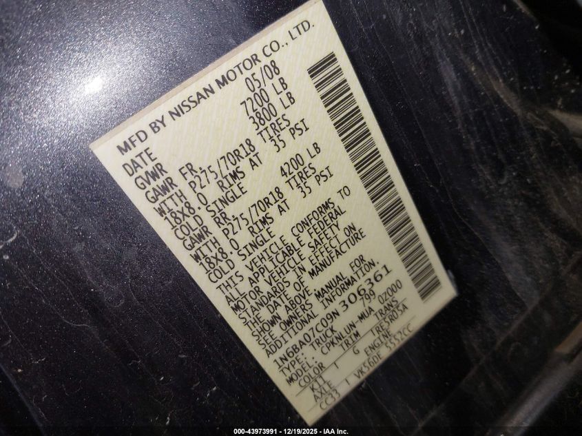 2009 Nissan Titan Pro-4X VIN: 1N6BA07C09N306361 Lot: 43973991