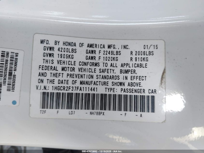 2015 Honda Accord Lx VIN: 1HGCR2F37FA111441 Lot: 43973992