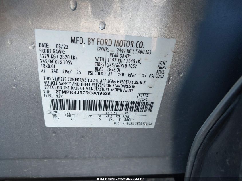 2024 Ford Edge Sel VIN: 2FMPK4J97RBA19536 Lot: 43973996