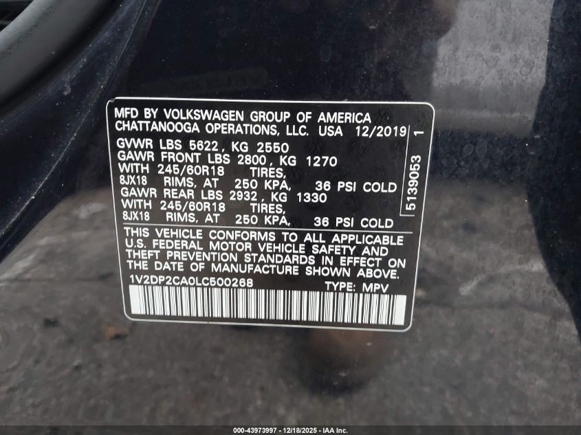2020 Volkswagen Atlas 2.0T Se VIN: 1V2DP2CA0LC500268 Lot: 43973997