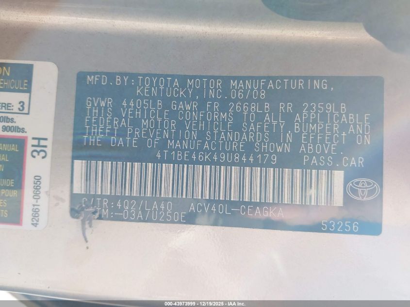 2009 Toyota Camry Xle VIN: 4T1BE46K49U844179 Lot: 43973999