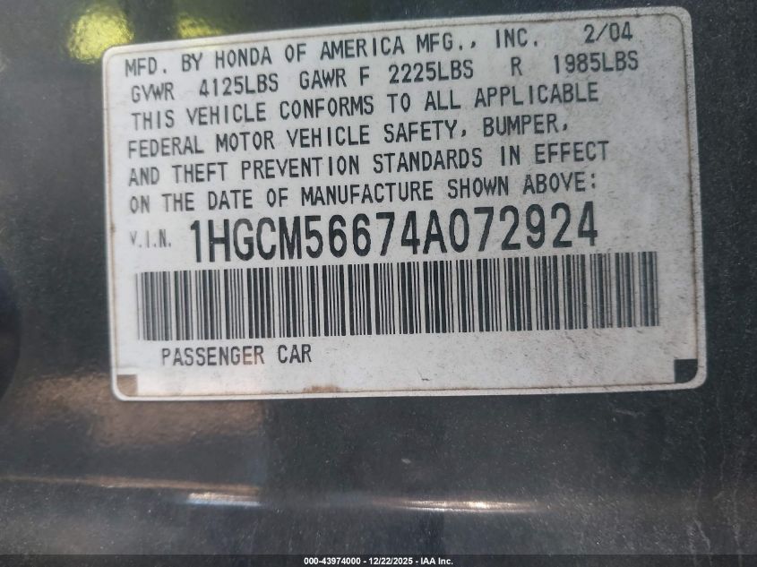 2004 Honda Accord 2.4 Ex VIN: 1HGCM56674A072924 Lot: 43974000