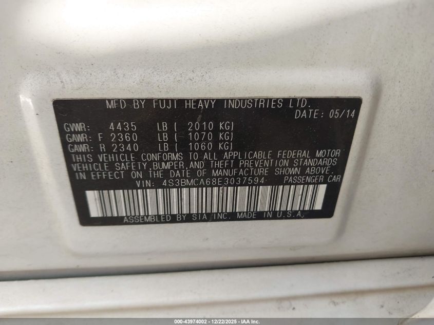 2014 Subaru Legacy 2.5I VIN: 4S3BMCA68E3037594 Lot: 43974002