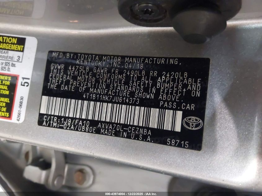 2018 Toyota Camry Le VIN: 4T1B11HK7JU614373 Lot: 43974004