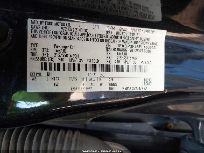 2014 Ford Focus Se VIN: 1FADP3F28EL453933 Lot: 43974005